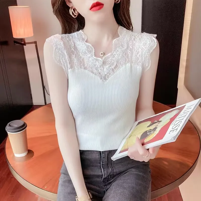 

Summer Lace Women's Slim Fit Versatile Sleeveless Ice Silk Base Shirt With Solid Color French V-neck Vest Fashionable Suspenders