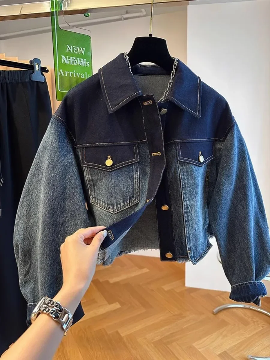 Vintage Blue Patchwork Crop Denim Jacket Women Korean Style Turn-down Collar Single-breasted Short Jeans Jackets Autumn Overcoat