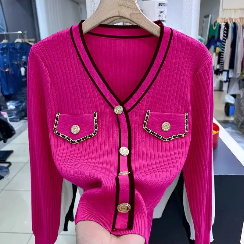 Long Sleeve V-neck Pullovers Women Clothing Solid Color Patchwork Buttons Temperament Sweet Slim Korean Fashion Casual Sweaters