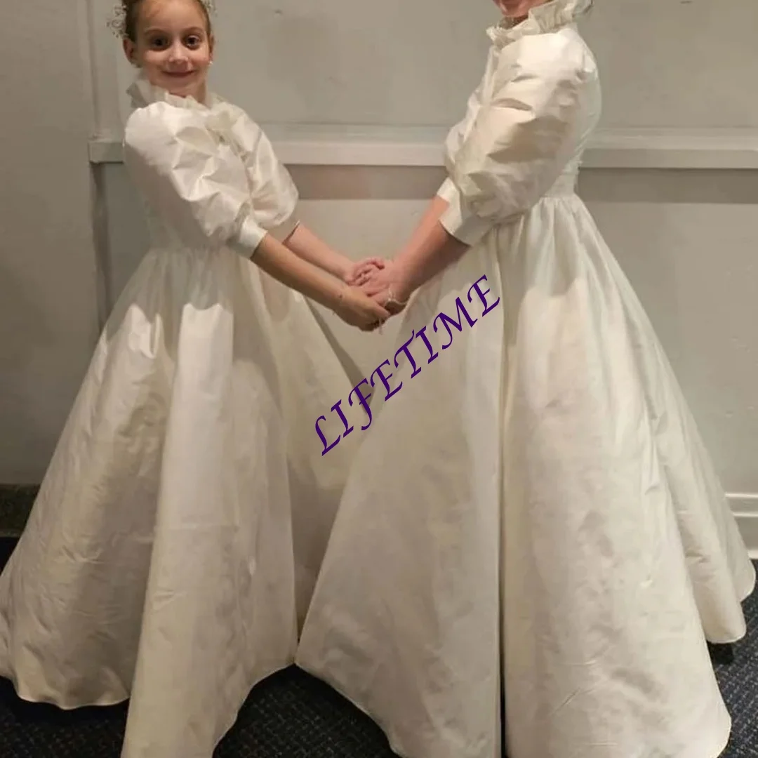 

Винтажное платье для первого причастия для девочек, свадебное платье из тафты с высоким воротом и рукавами-бабочками для девочек, детское платье по индивидуальному заказу