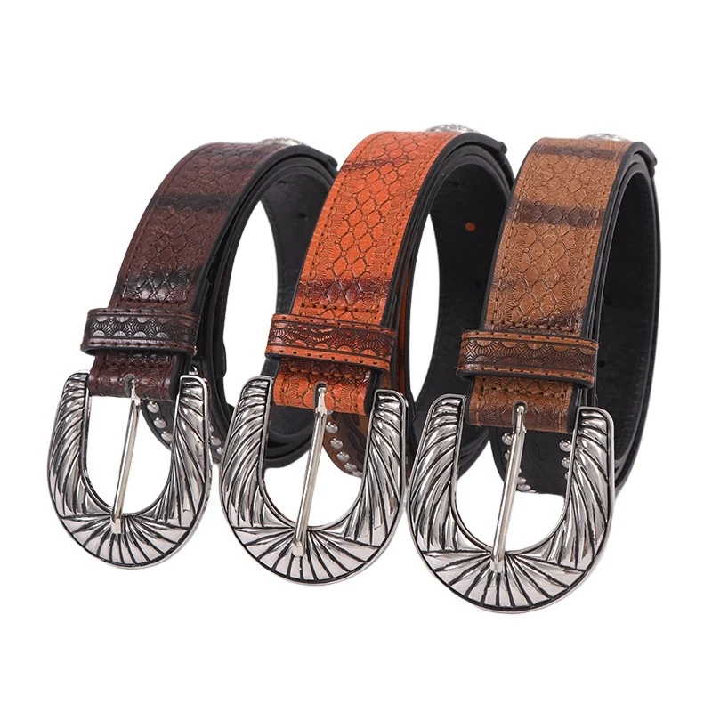 Western Embossed PU Leather Rivet Design Strap Women Belt Punk Patchwork Belt for Ladies