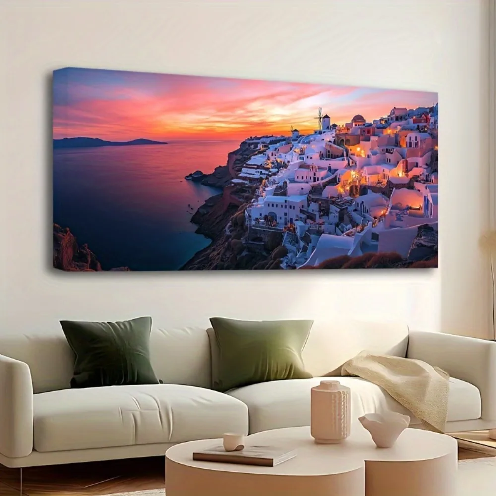 

1.5 inch thick pine solid wood frame with panoramic views of Santorini, Greece, suitable for interior decoration