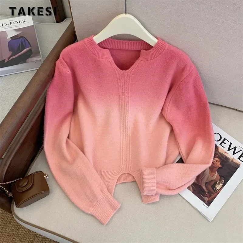 

2023 Winter Casual Gradient Knitting Long Sleeve Tie Dye Pullovers Korean Fashion Women Sweet V-neck Ladies Warm Sweater