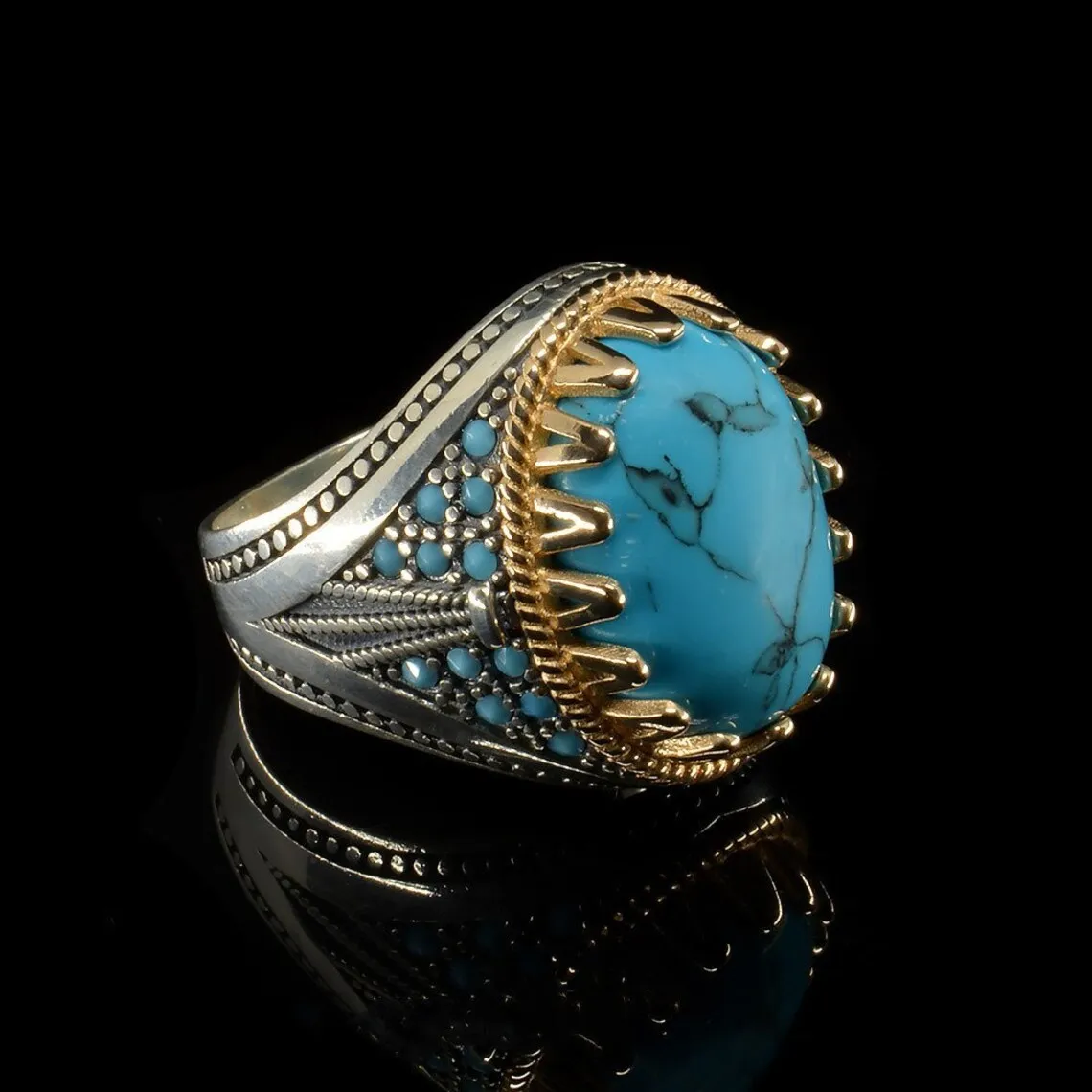 European and American Punk New Retro Men\'s Electroplating Two-color Inlaid Turquoise Ring Punk Style Personality Banquet Ring