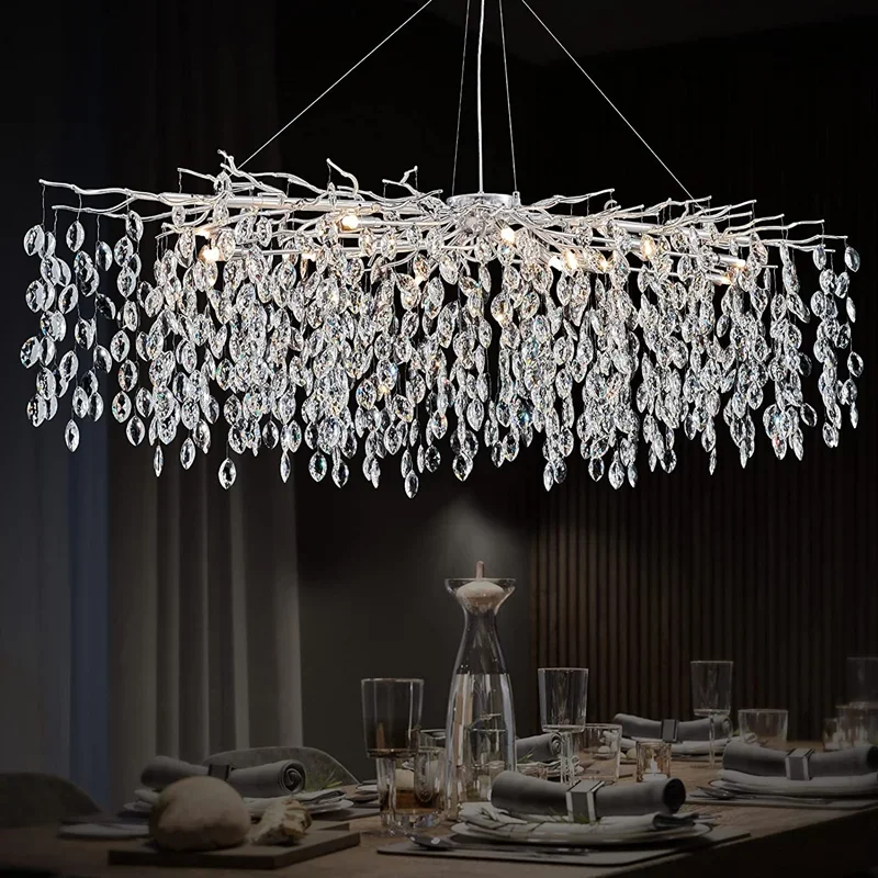 Silver Crystal Chandelier Modern Raindrop Long Ceiling Pendant Light Fixture Tree Branch Chandeliers for Dining Room Island