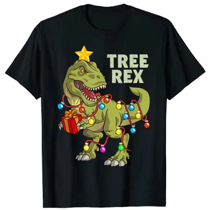 Christmas Lights Tree Rex T-shirt Christmas Dinosaur Men's Pure Cotton T-shirt Funny T-shirt Street Casual Fashion Large Tops