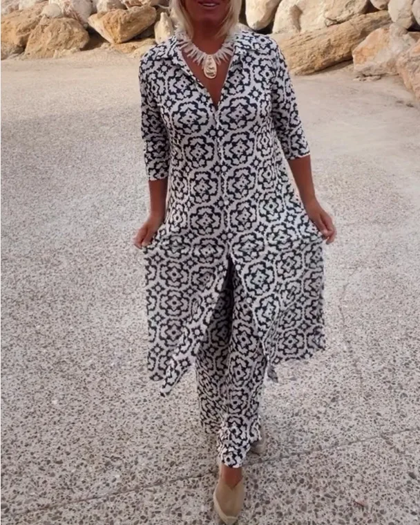 Primavera Estate Nuovo set da 2 pezzi per donna Modello casual stampato Abito bohémien Lady risvolto Camicia a mezza manica Abito con pantaloni lunghi