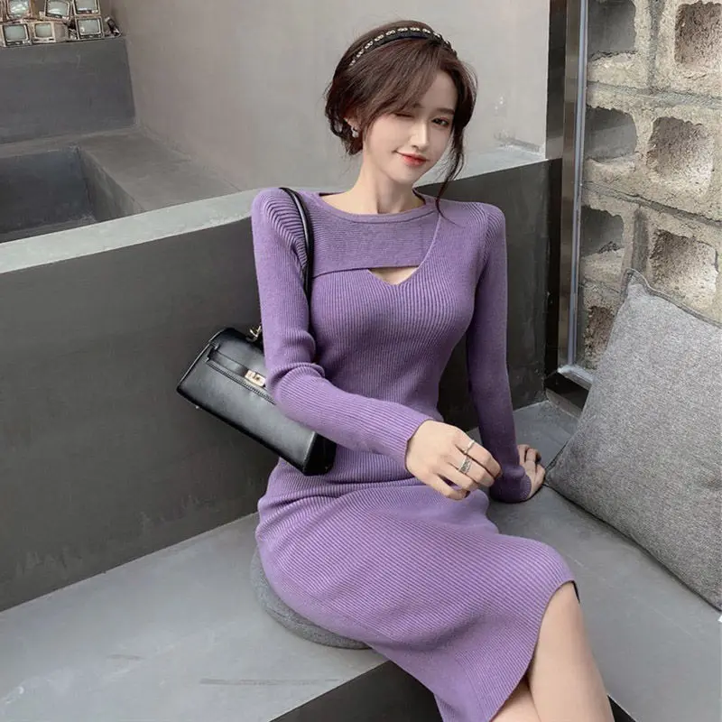 Purple Crochet Sexy Daring Bodycon Cover Up Woman Dress Black Knee Length Dresses for Women Knitted Midi Clothes Long Sleeve E M