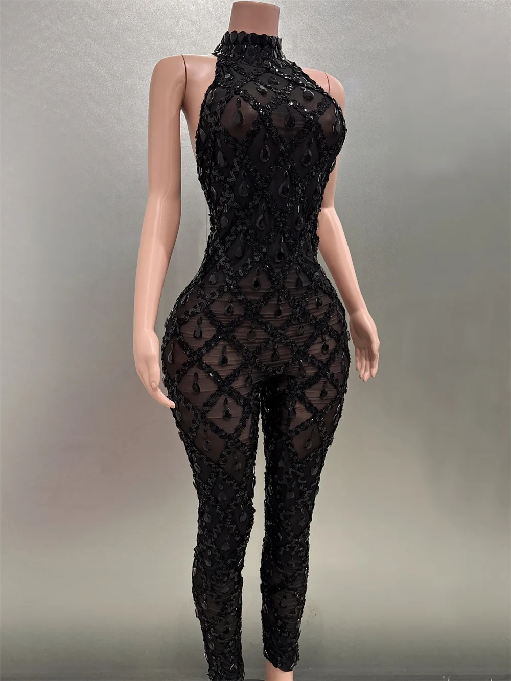 Frauen Schwarz Bodycon Overalls Hohe Dehnbare Pailletten Plaid Strass Abend Club Kleid Gogo Nachtwäsche Bühne Kostüme