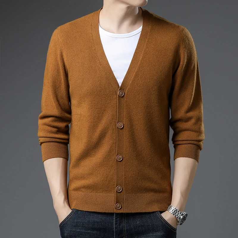 

Mens 100% Wool Knitwear Autumn & Winter Thick Cashmere Cardigan Male Single Breasted Pure Wool Sweater V-Neck Warm Knit Coat