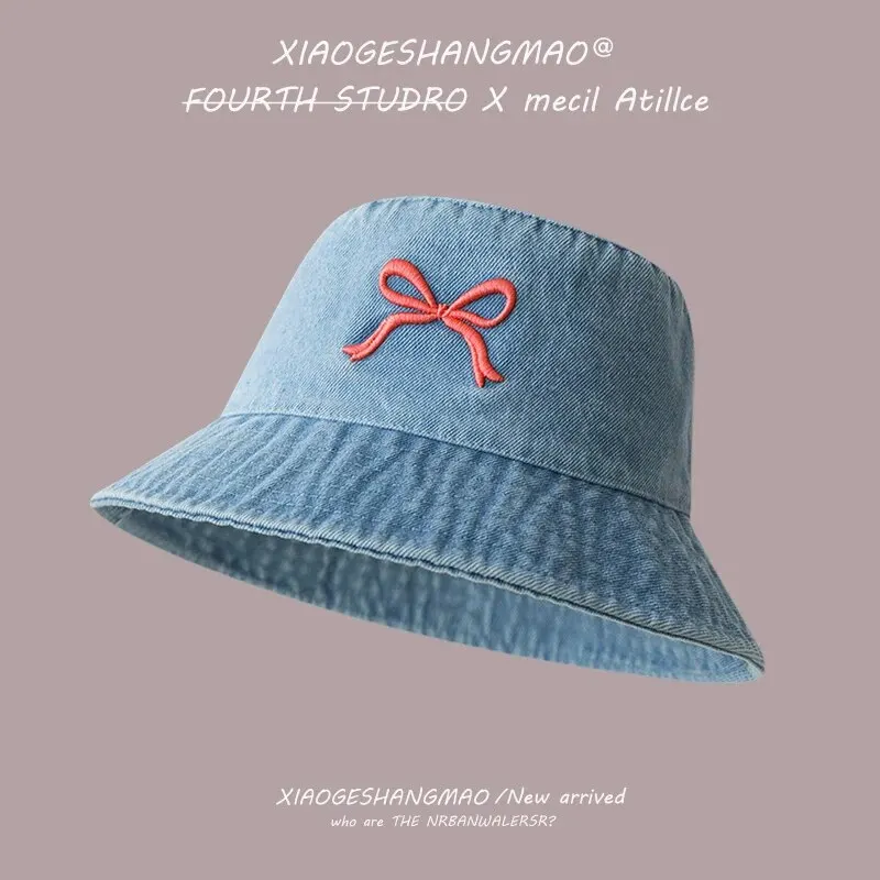 A Fisherman\'s Hat Three-Dimensional Embroidery Bow Travel Shopping Washed Denim Basin Hat