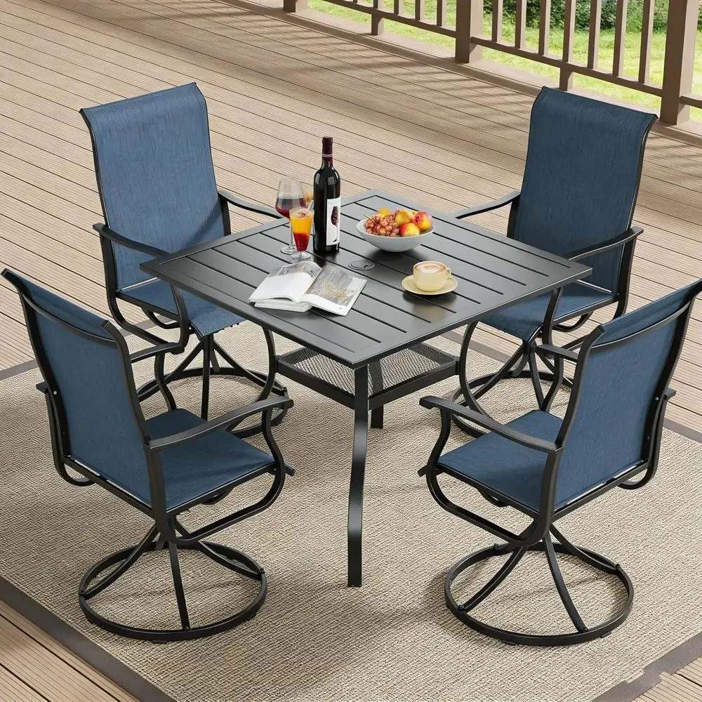 All-Weather Outdoor Patio Dining Set: Square Metal Table with 4 Blue Swivel Mesh Chairs for Garden, Poolside, and Backyard