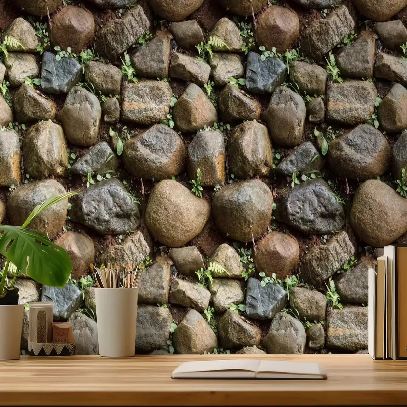 Papel tapiz autoadhesivo, papel tapiz de ladrillo de piedra marrón, chimenea,  cocina, contra salpicaduras, papel tapiz para pelar y pegar, revestimiento  de paredes / Materiales de pintura y tratamientos de la pared, image size:1340x1340