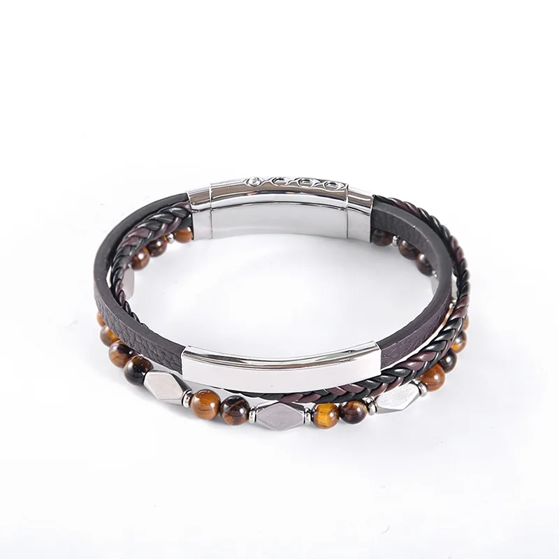 

European and American fashion handmade beaded natural stone leather stainless steel adjustable buckle multi-layer bracelet, men'