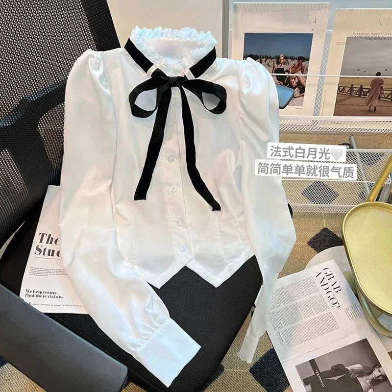 

High Waist Blouse Women Blusas Femininas Elegantes White Stand Collar Fungus Long Sleeved Shirts Camisas Crop Tops 2025