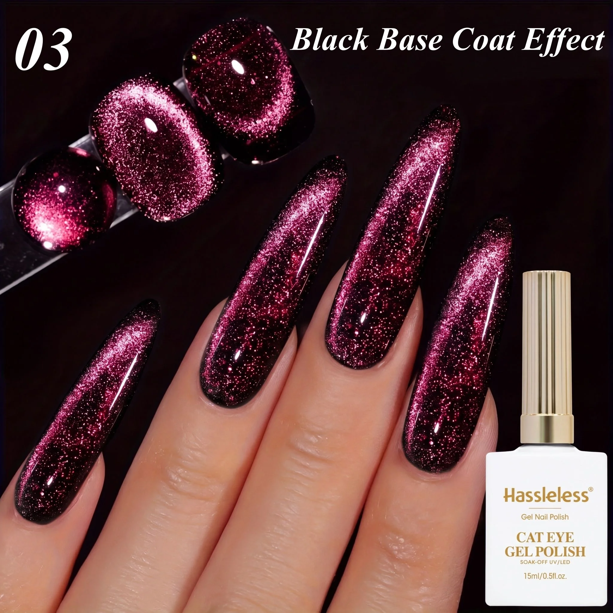 Hassleless Black Base Rose Red Glitter Cat Eye Nail Polish, Eye-Catching and Unique Nail Art for Dates
