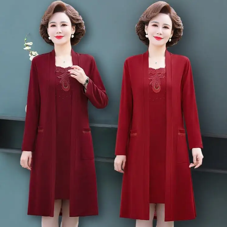 Middle-aged Female Dress Two-piece Suit Spring Autumn High-end Elegant Dress Women\'s Embroidered Dress Set 5XL