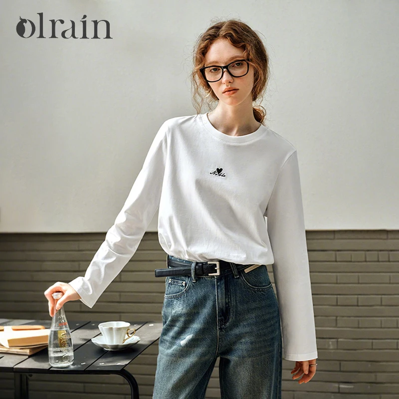 

OLrain Simple Embroidered T-shirt Woman Spring 2025 New Fashion Straight White Pure Cotton Knitted Casual Loose Tops N57CT96033