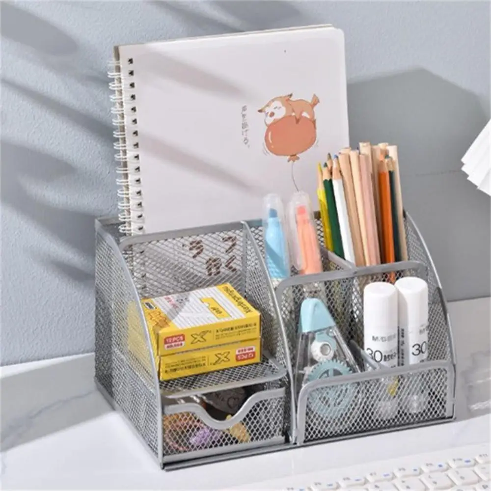 Desktop Storage Box Metal Mesh Square Storage Rack Pencil Pen Holder Large Capacity Stationery Organizer School Office Supplies