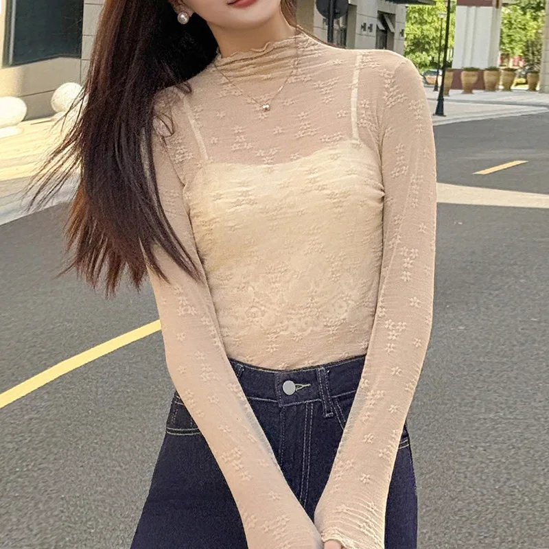 بلوزة كورية مكشكشة نصف عالية الياقة المدورة وأكمام طويلة قمصان جديدة مثيرة من الدانتيل الشبكي بلوزات شفافة أنيقة تناسب الجميع