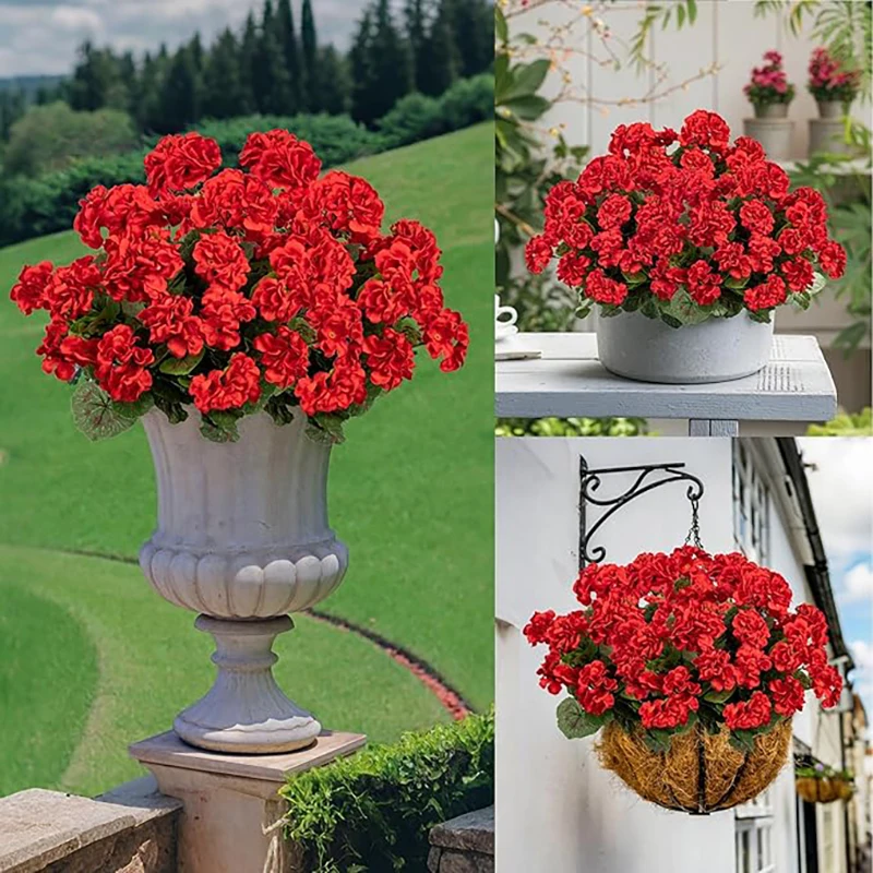 14in Artificial Geraniums Red Faux Flowers Silk Bouquet DIY Bushes for Outdoor Planters Porch Patio Home Wedding Fountain Decor