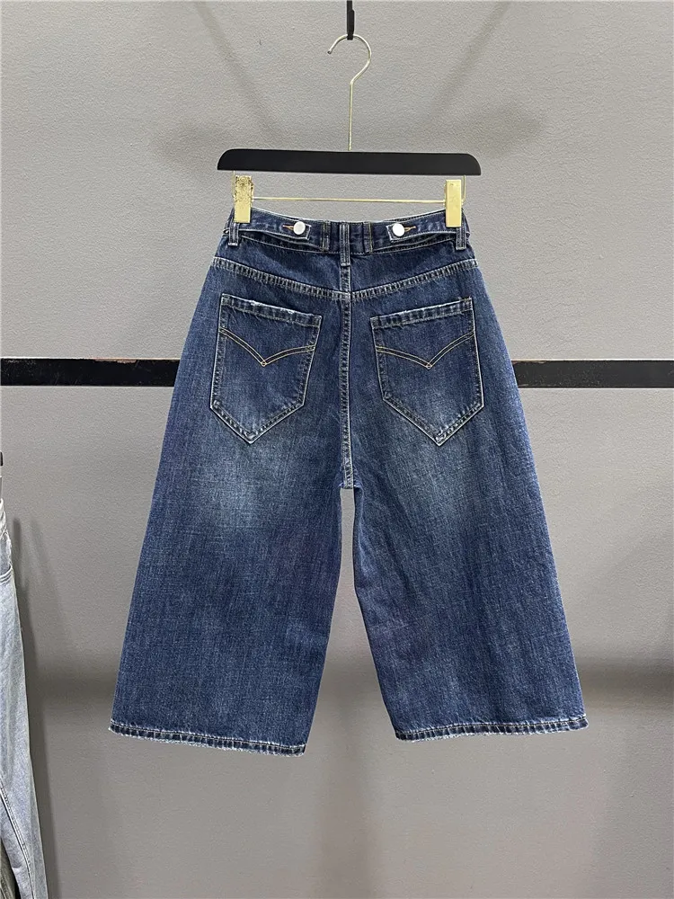 

Deep Blue Seven-Foot Wide-Leg Denim Jeans Women's Summer New High Waist Button Design Loose Slim Straight Leg Pants