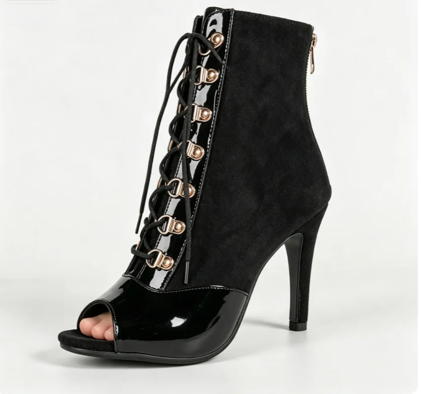 Women Peep Toe Dance Ankle Boots Lace Up Back Zipper Stiletto Heels Flock Patent Leather Latin Ballroom Competition Dance Shoes