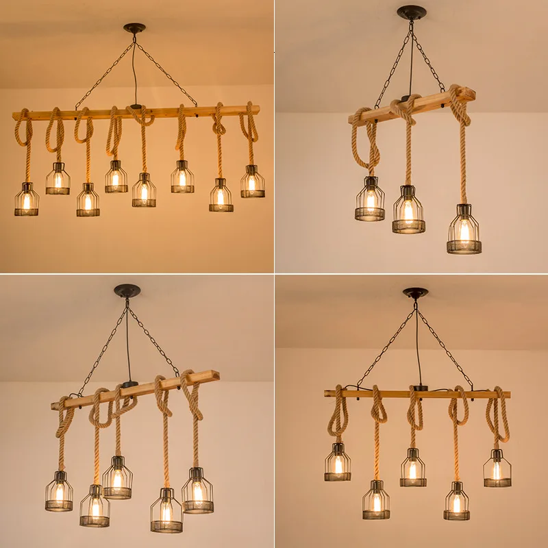 

Loft American Style Industrial Hemp Rope Chandelier Restaurant Cloth Store Bar Kitchen Wood Lamps Multi head pendant light