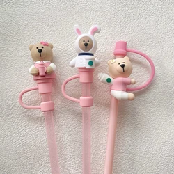 Cute Cherry Blossom Bear Straw Cover For 7-8mm Sippy 30oz Coffee Cup Dustproof Plug Reusable Silicone Straw Cap Cup Accessories