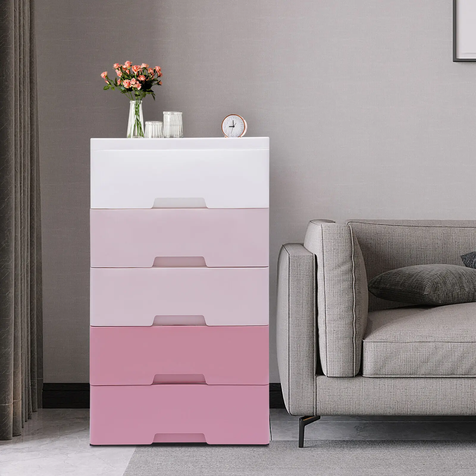 Cupboard 5-layer Storage Drawers Clothes Storage Tower Storage with 5 Drawers Pink Closet Organizer Shelf Bedroom Furniture