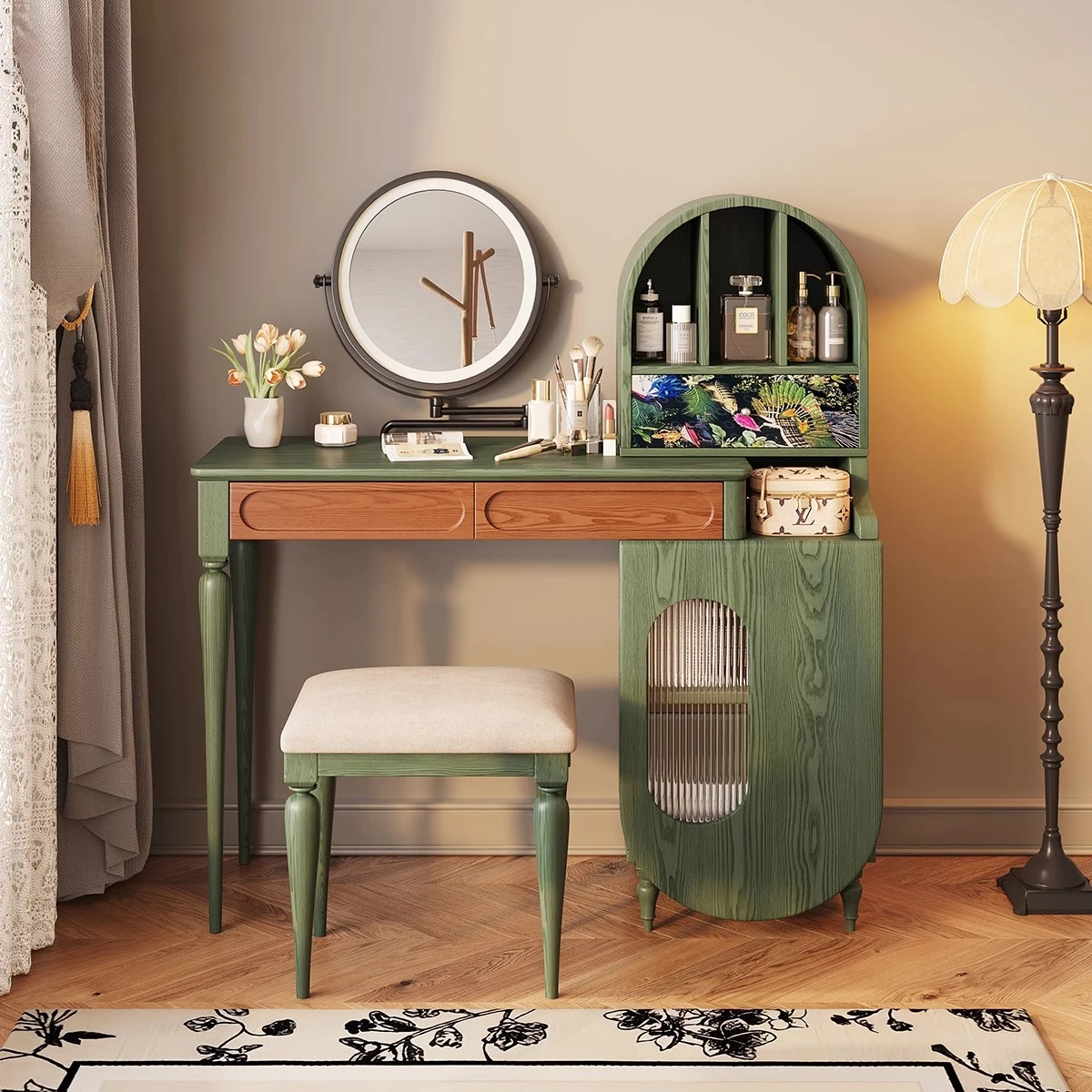 

MHJ French retro dresser solid wood retractable makeup table medium antique green dresser chest integrated new model