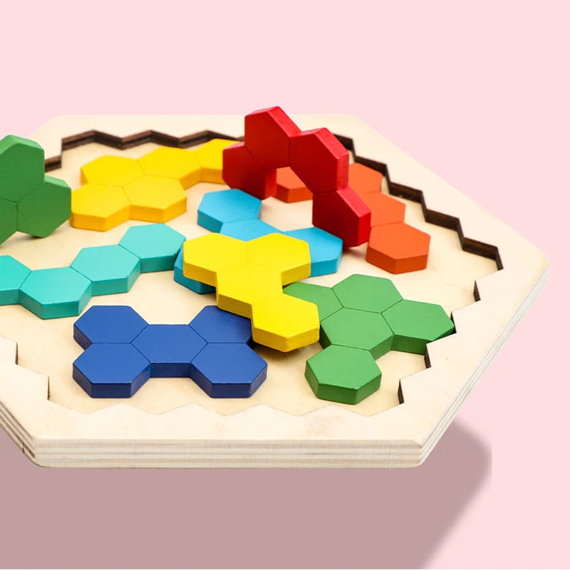 3D Hexagonal Wooden Puzzles Educational Toys For Children Kids Preschool Tangram Board Brain IQ Test Game Montessori Toys Gifts view 5