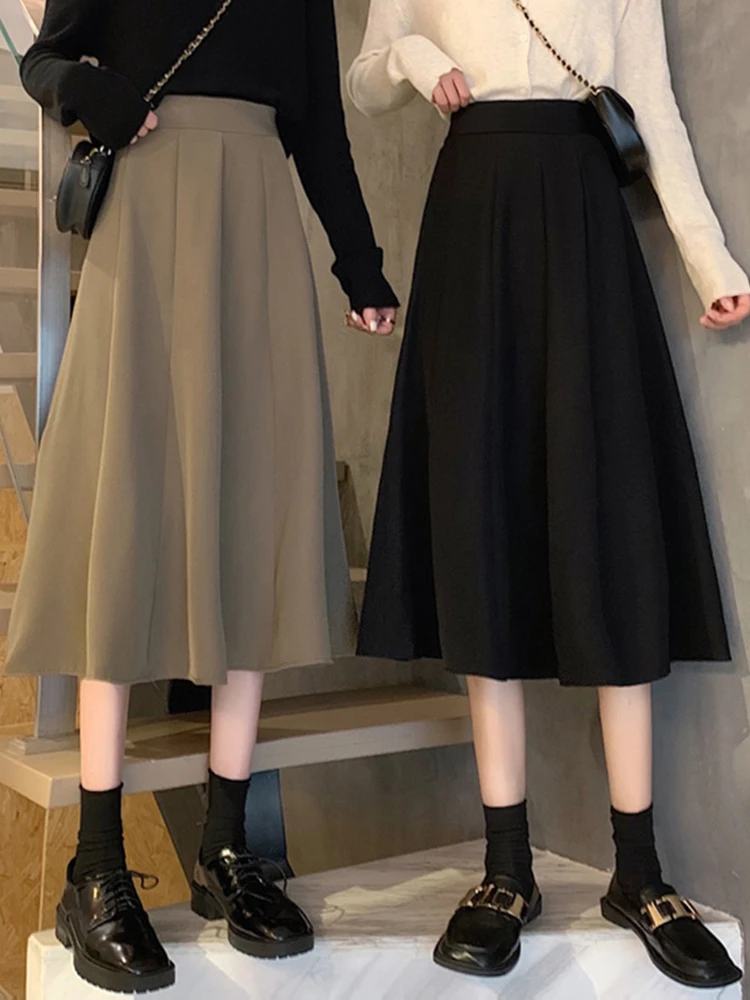 High Waist Bla A-Line  Skirt Women's Korean Sle Autumn Winter New Small Size Slimming Ele Midi Umbrella Skirt
