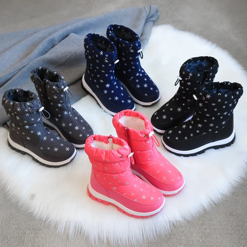 Winter Warm Fur Snow Boots Children Black Furry Shoes Girls Non-slip Waterproof Kids Footwear Child Sneakers Baby Shoes Pink