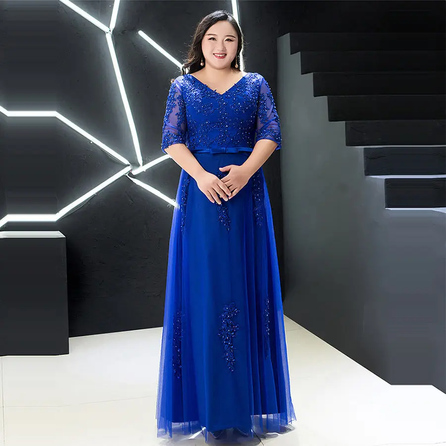 Evening Dress Royal Blue Beading T357 V-Neck Robe De Soiree Half Sleeves A-line Floor Length Plus size Women Party Formal Gown