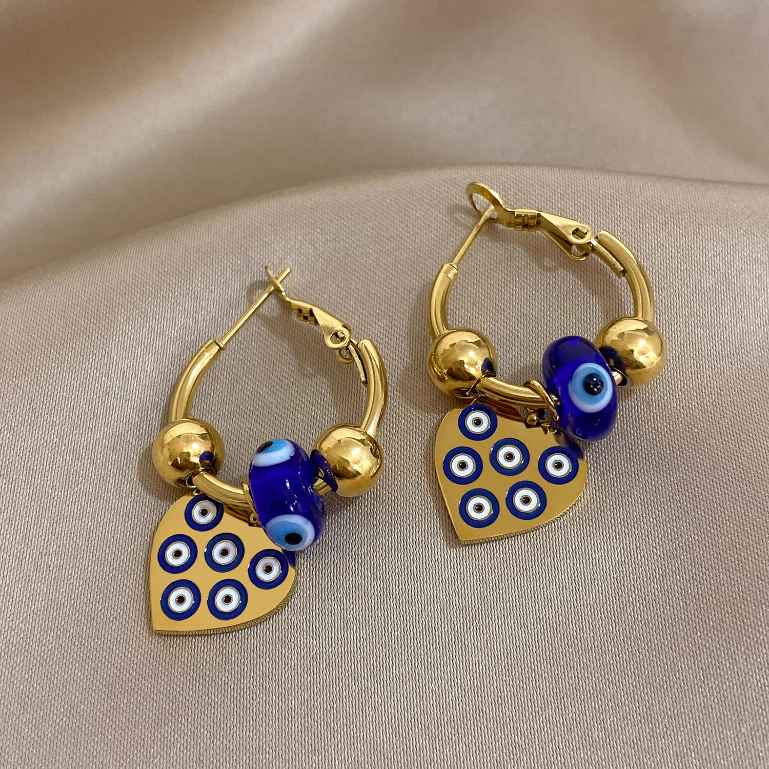 FLASHBUY Stainless Steel Turkish Devil Eye Heart Pendant Earrings For Women Fashion Ear Buckle Waterproof Jewelry