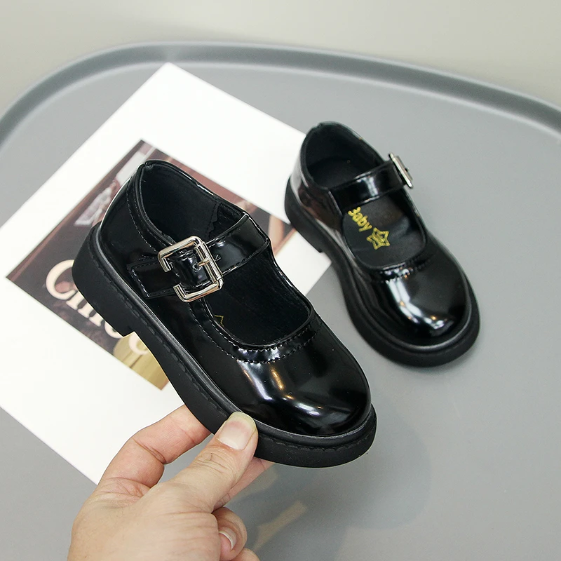 Children Leather Shoes for Girls Glossy Simple Versatile UK Uniform School Shoes Kids Fashion Shallow Loafer Black Non-slip 2023