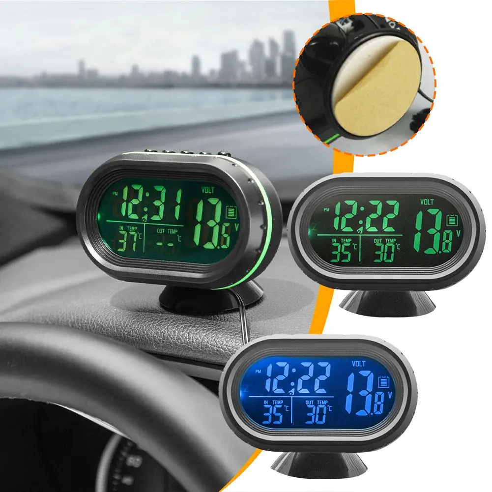 12V ​Backlight Interior Accessories Freeze Alert 3 Digital Noctilucous LCD Car Voltmeter Thermometer 1 Clock in J6D4