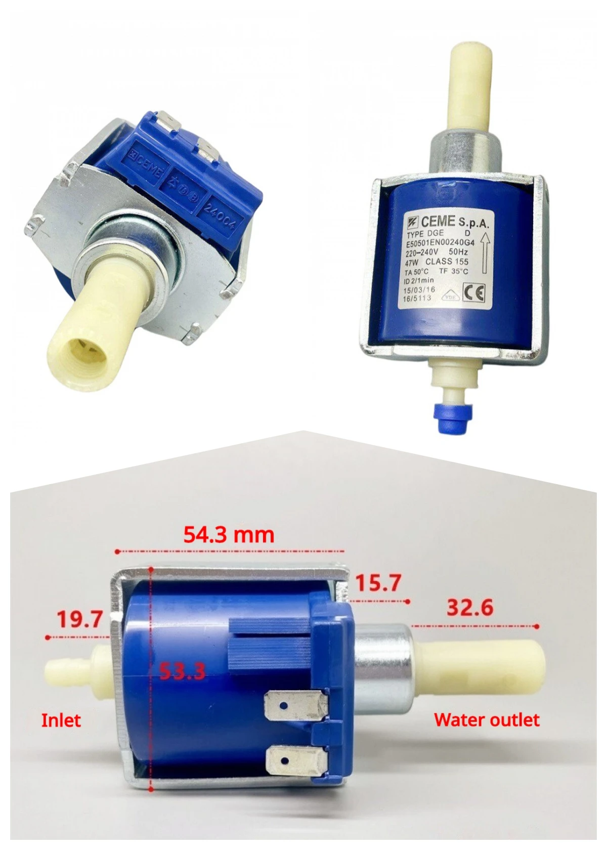 

E505 Solenoid Water Pump 47W AC220-240V 50Hz 15Bar 630ml/min Intermittent Work for Espresso Coffee Machine Sterilizer Cleaner