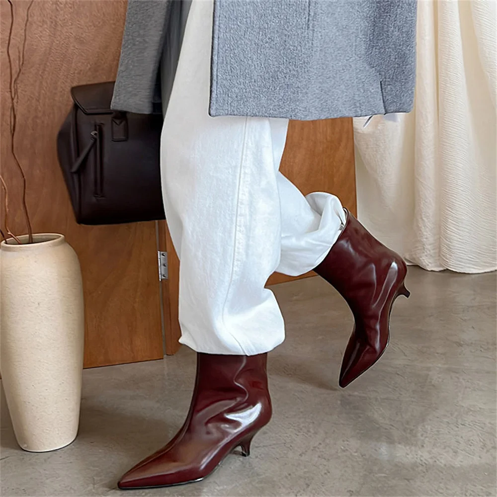 FEDONAS-Botines de piel auténtica con punta puntiaguda para mujer, botas cortas de tacón bajo y boca ancha, para fiesta y baile