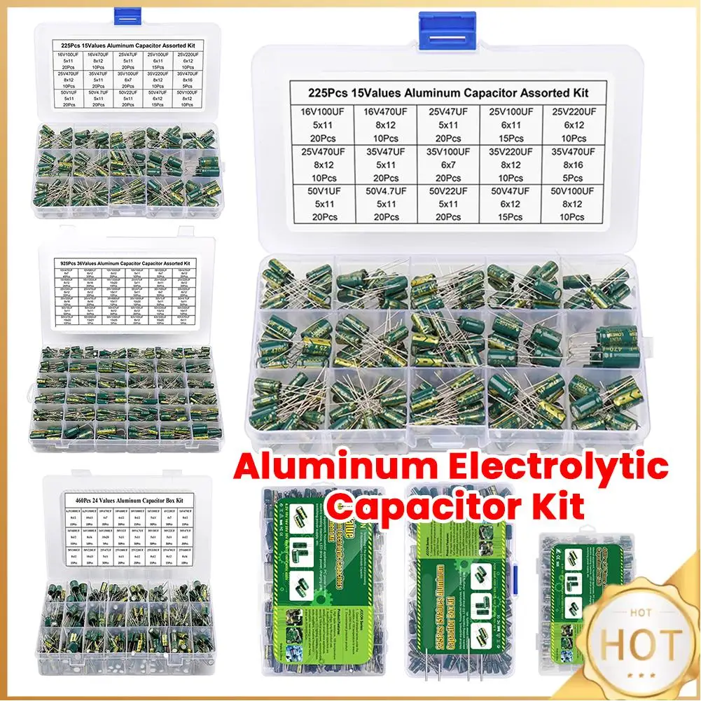 

15/24/36 Values 225/460/925Pcs Aluminum Electrolytic Capacitors with Storage Box Aluminum Electrolytic Capacitors Assortment Kit