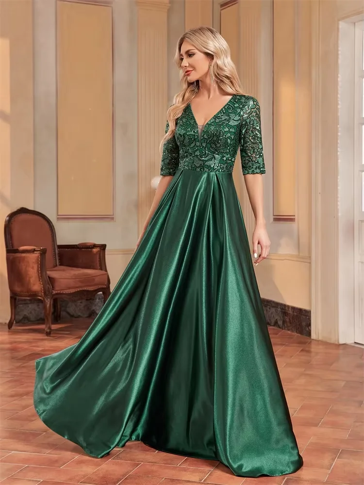 Luxury Short Sleeve Green Satin V-Neck Evening Dress Women Sequin elegant Party Prom Floor Lenght Cocktail Graduation Gowns