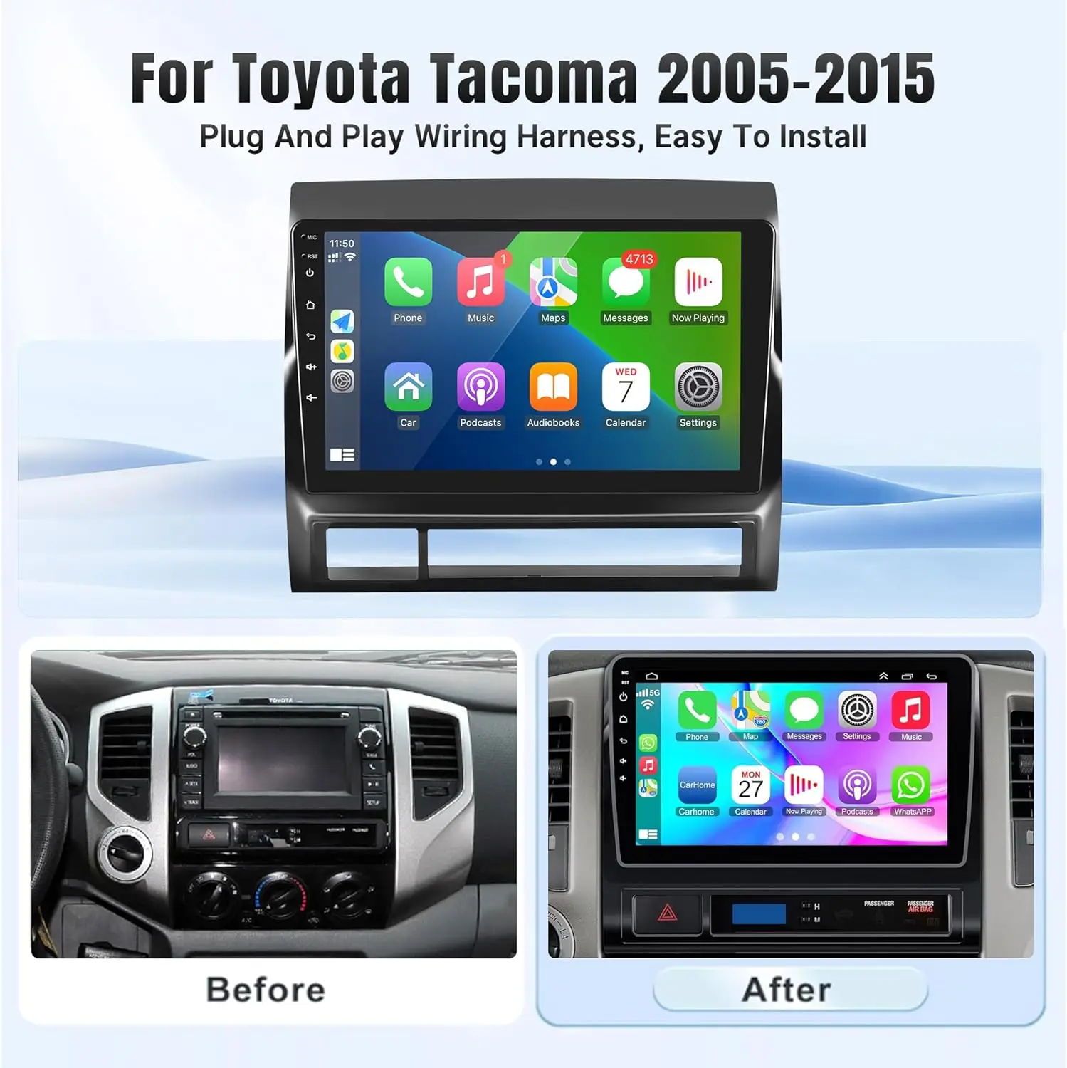 راديو سيارة Carplay لاسلكي مقاس 9 بوصات لسيارة Toyota Tacoma 2005-2015 شاشة تعمل باللمس مشغل فيديو للسيارة يعمل بنظام أندرويد مع كاميرا خلفية WIFI GPS