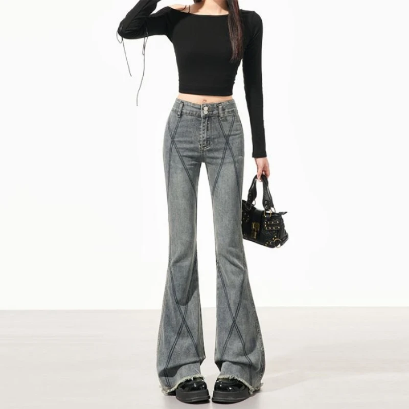 

Women's Street Cool Wide Leg Design Sensation Spicy Girl Spring Casual Retro Versatile Look Thin High Haired Micro Horn Jeans