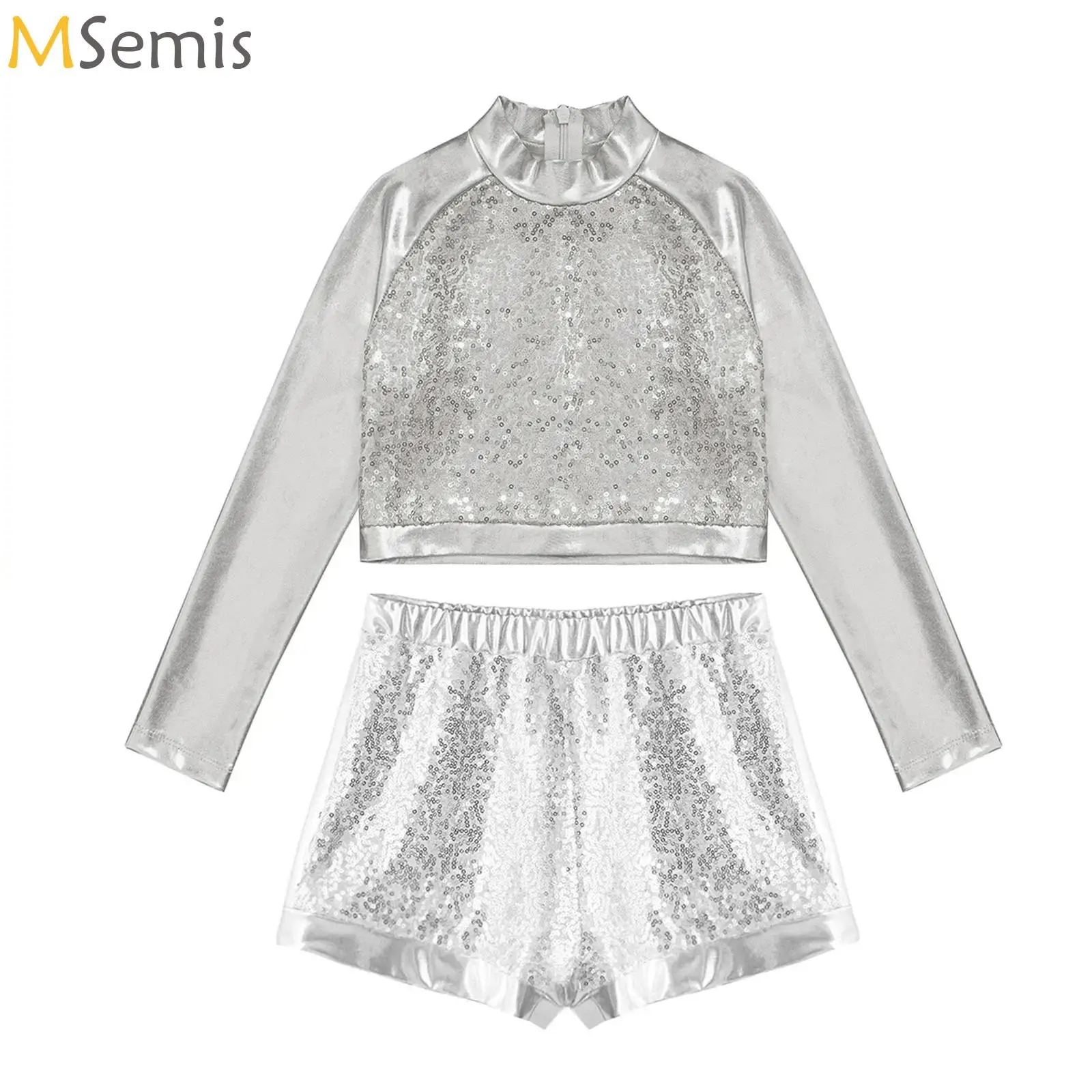 

Kid Girls Modern Jazz Dance Crop Top with Shorts Sets Sequins Long Sleeve T-Shirt Ballet Disco Hip Hop Stage Performance Costume