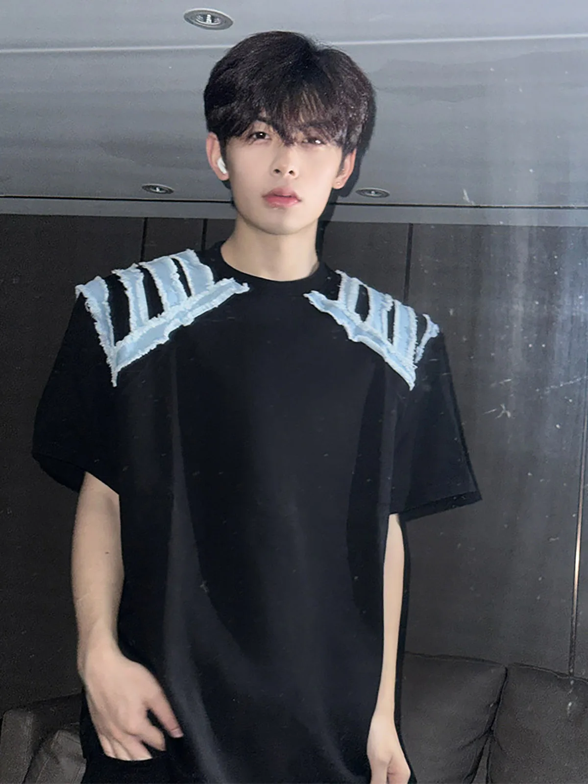 American Deconstructed Design Shoulder Pad T-Shirt Short Sleeve Men's Summer Denim Patchwork Correct Shoulder Half Sleeve