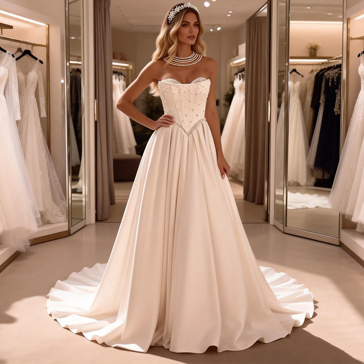 فستان زفاف رومانسي من الساتان واللؤلؤ على شكل قلب للنساء بدون حمالات لحفلات الزفاف الطويلة بدون ظهر #1