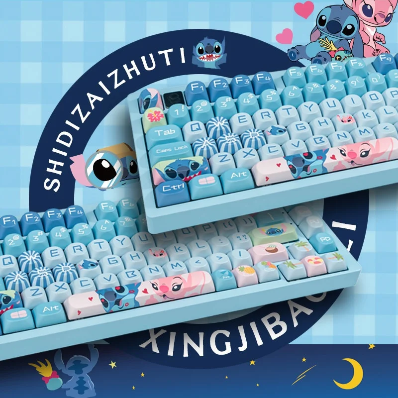 Disney Bestseller Kawaii Great Wave BlueTheme Pbt Keycaps Moa Profile 5Sides Dye Sublimation For Mechanical Keyboards Anime Fans