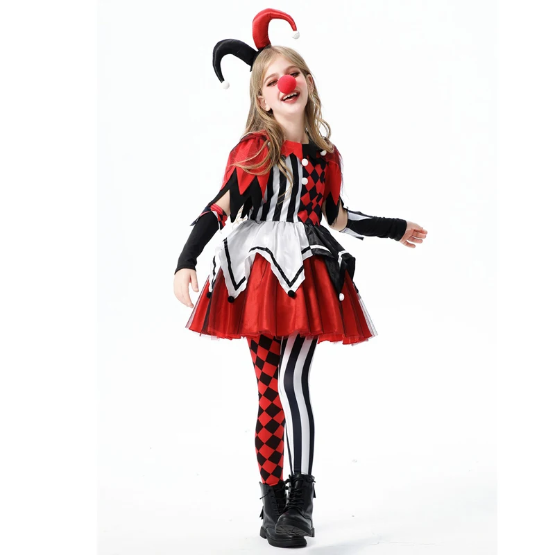 Parent-Child Comics Crazy Evil Jester Clown Costume Red Black Joker Cosplay Carnival Halloween Fancy Party Dress