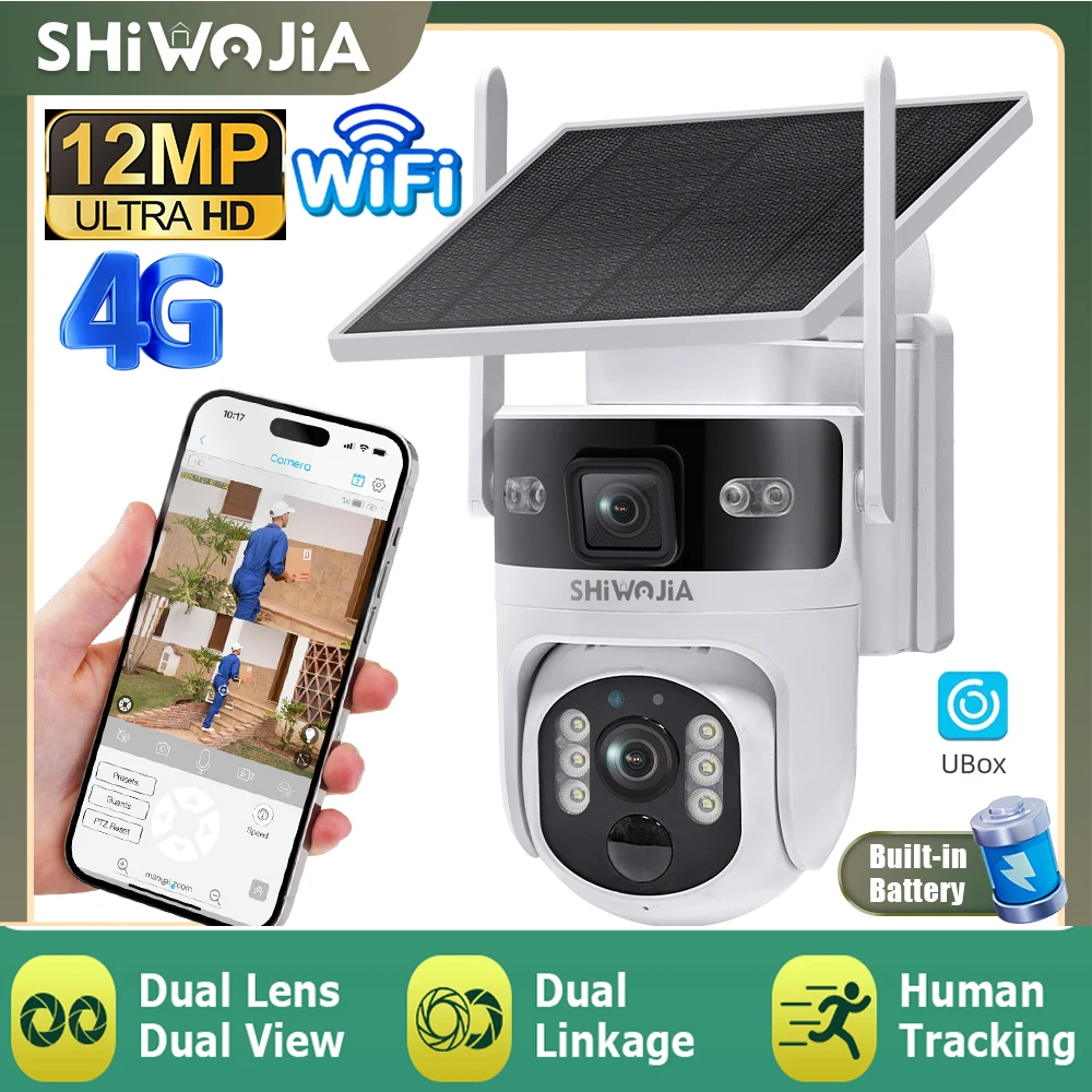 SHIWOJIA 4G LTE Solar Security Battery Camera 12MP Dual Lens WIFI Video Surveillance PTZ Camera PIR Detection Outdoor Monitor IP